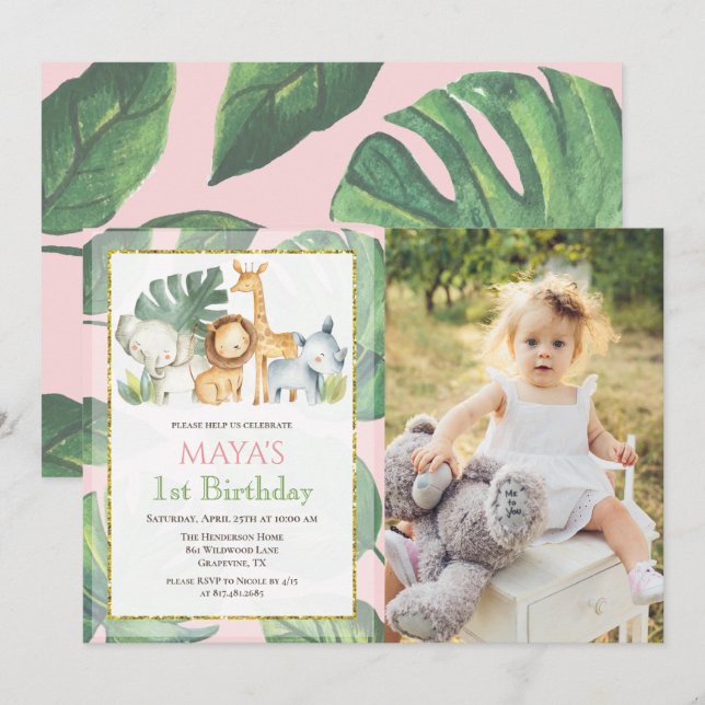 Invitación CUALQUIER EDAD - Animales de Safari Selva Cumpleañ (Anverso / Reverso)
