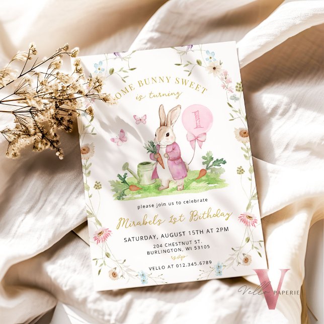 Invitación CUALQUIER EDAD Bunny Pink Watercolor Flor silvestr (Subido por el creador)