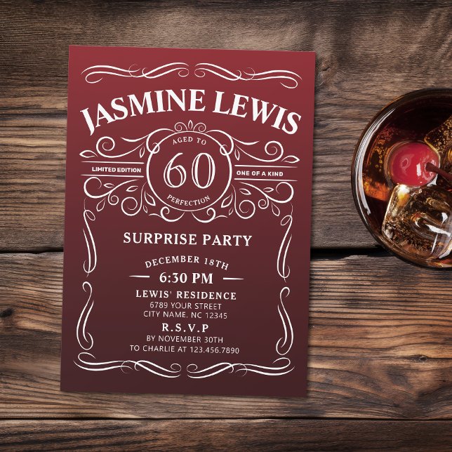 Invitación Cualquier Edad burgundy whiskey sorpresa 60 cumple (Any Age burgundy whiskey surprise 60th birthday Invitation)