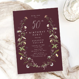 Invitación Cualquier Edad Burgundy Wildflower Boho 50 cumplea