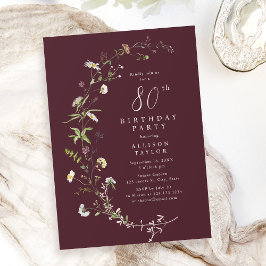 Invitación Cualquier edad Burgundy Wildflower Boho 80 cumplea