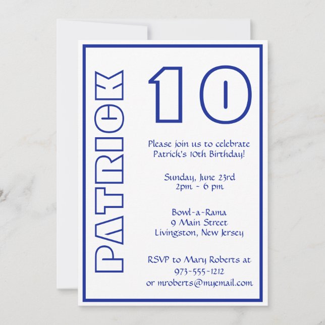 Invitación Cualquier Edad Cumpleaños Blanco y Azul Real (Anverso)