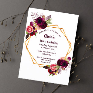 Invitación Cualquier edad cumpleaños borgoña florines oro geo