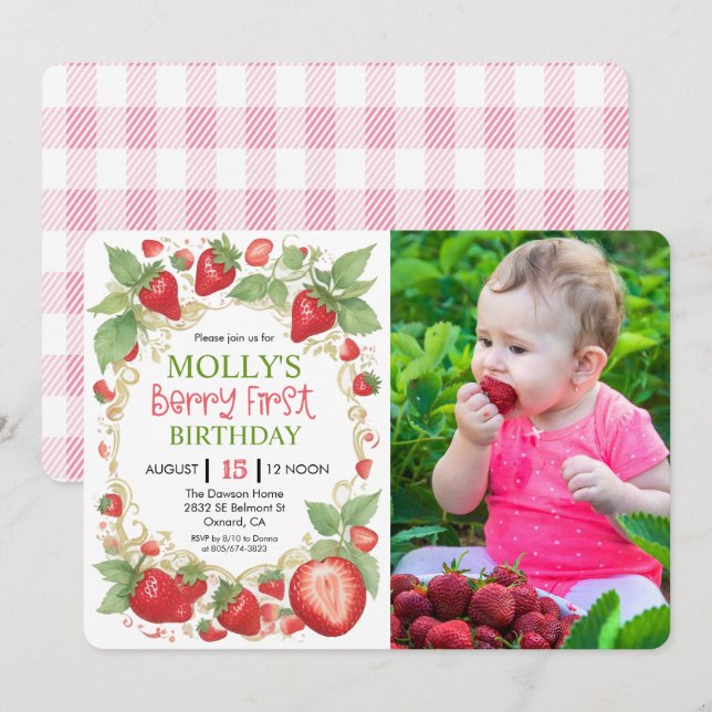 Invitación CUALQUIER EDAD - Cumpleaños de Fresa Muy Berry Fot (Anverso / Reverso)