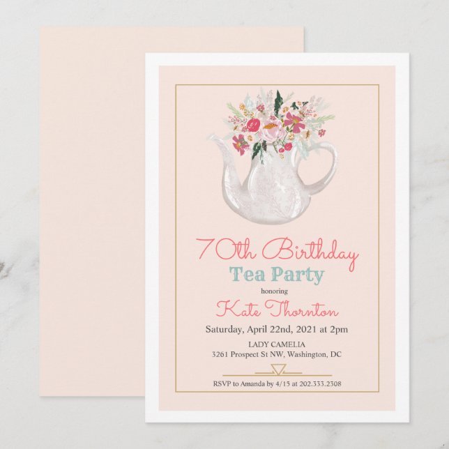 Invitación CUALQUIER EDAD - Cumpleaños de té en tetera floral (Anverso / Reverso)