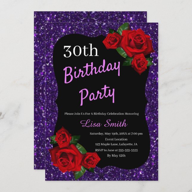 Invitación Cualquier edad Cumpleaños Morado Purpurina Roses R (Anverso / Reverso)