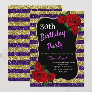 Invitación Cualquier Edad Cumpleaños Morado Y Roses Rojos Pur