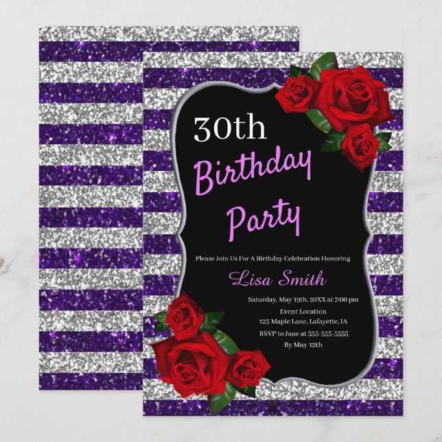 Invitación Cualquier edad Cumpleaños Morple Silver Purpurina  (Anverso / Reverso)