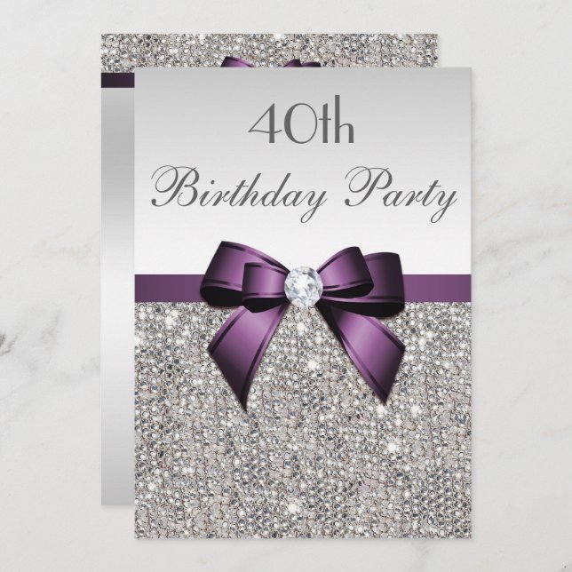Invitación Cualquier Edad Cumpleaños Party Silver Sequin Purp (Anverso / Reverso)