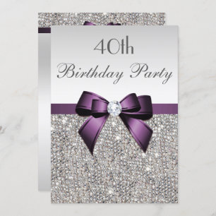 Invitación Cualquier Edad Cumpleaños Party Silver Sequin Purp