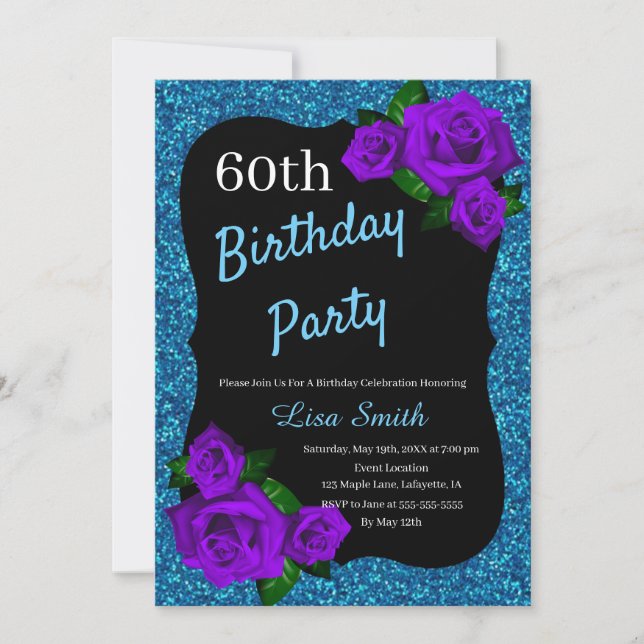 Invitación Cualquier edad Cumpleaños Purpurina Azul Rosas Púr (Anverso)