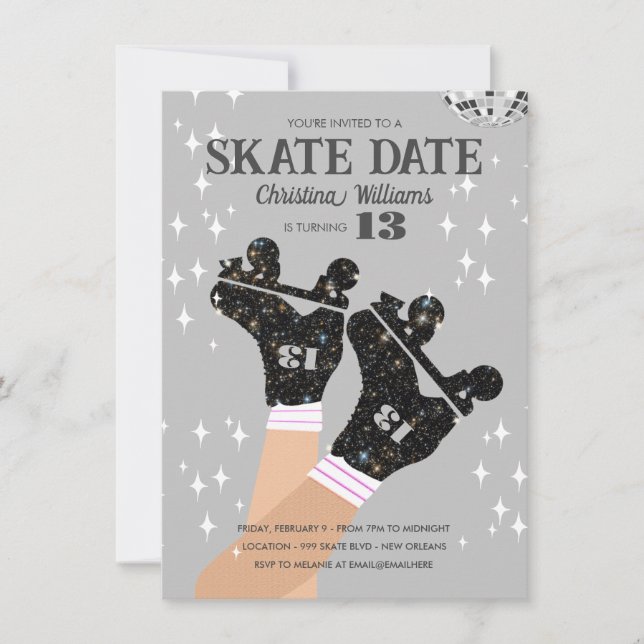 Invitación Cualquier Edad Disco Gris Roller Skate Cumpleaños (Anverso)