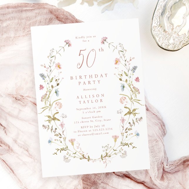 Invitación Cualquier Edad Dusty Pink Wildflower Boho 50 cumpl (Any Age Dusty Pink Wildflower Boho 50th Birthday Invitation)