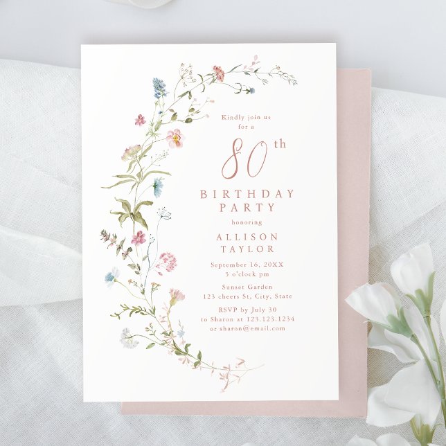 Invitación Cualquier edad Dusty Pink Wildflower Boho 80 cumpl (Any Age Dusty Pink Wildflower Boho 80th Birthday Invitation)