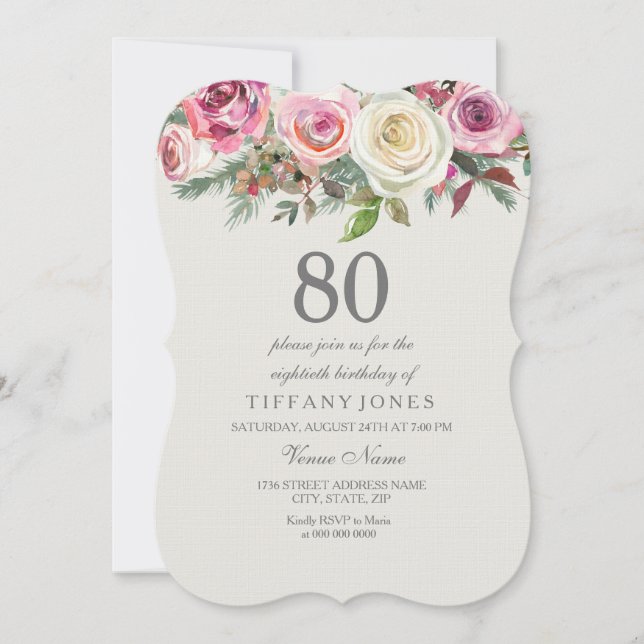 Invitación Cualquier edad elegante Floral de rosa blanca 80 c (Anverso)