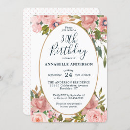 Invitación Cualquier Edad Elegante Floral Rosa Rubor Gold Bir