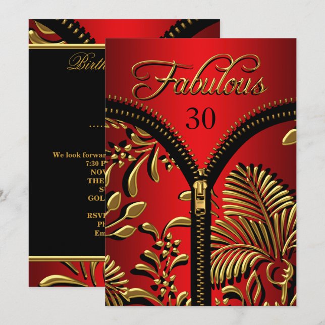 Invitación Cualquier edad fabuloso Royal Red Gold Black Birda (Anverso / Reverso)