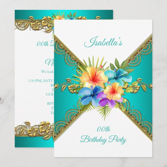 Invitación Cualquier edad Fiesta de cumpleaños oro azul verde (Anverso / Reverso)