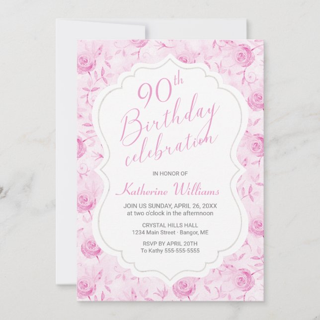 Invitación Cualquier edad floral rosa rosa rosa 90 cumpleaños (Anverso)