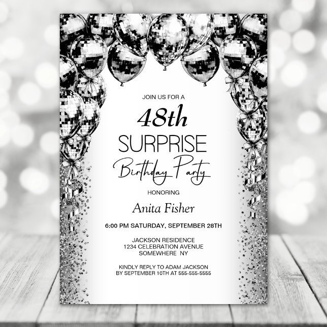Invitación Cualquier Edad Globos Blancos Negros Sorpresa Cump (Subido por el creador)