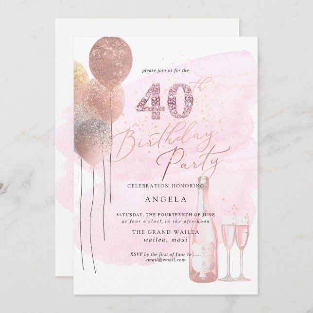 Invitación Cualquier edad, globos de oro Rosa diamantes rosad (Anverso / Reverso)