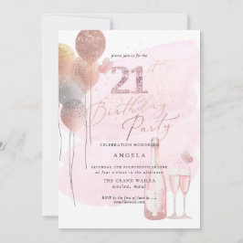 Invitación Cualquier edad, globos Purpurinas Champán Rosado 2