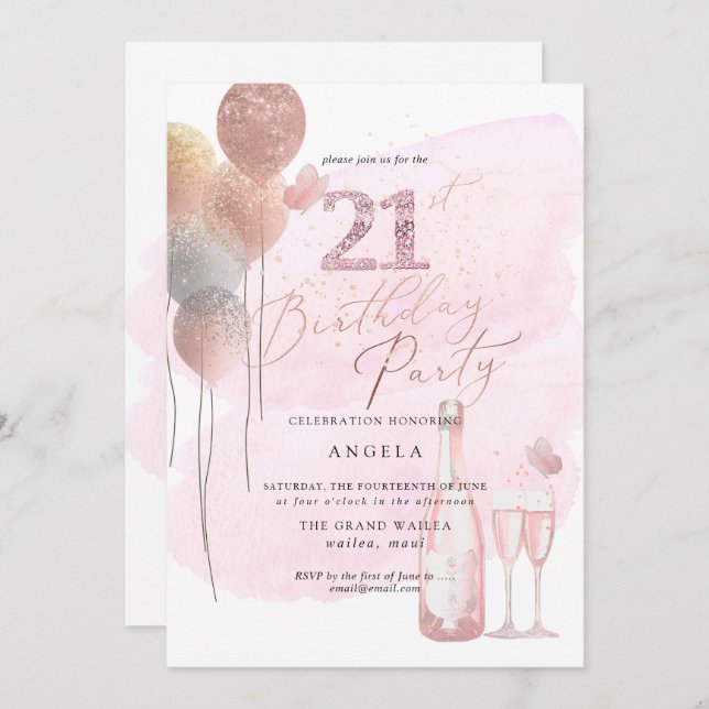 Invitación Cualquier edad, globos Purpurinas Champán Rosado 2 (Anverso / Reverso)