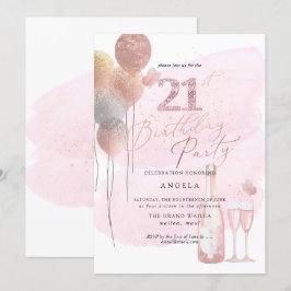 Invitación Cualquier edad, globos Purpurinas Champán Rosado 2
