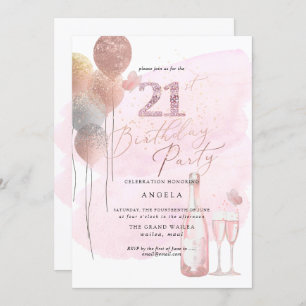 Invitación Cualquier edad, globos Purpurinas Champán Rosado 2