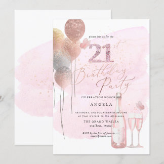 Invitación Cualquier edad, globos Purpurinas Champán Rosado 2