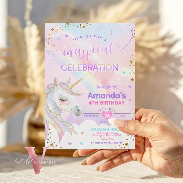 Invitación Cualquier edad Magia Rainbow Unicorn Gold Birday (Subido por el creador)