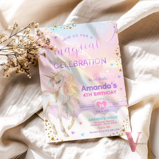Invitación Cualquier edad Magia Rainbow Unicorn Gold Birday