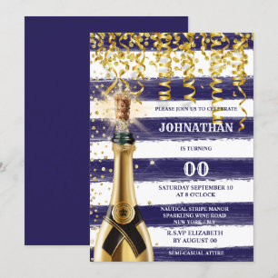 Invitación CUALQUIER EDAD marina blanca oro rayado burbujeant