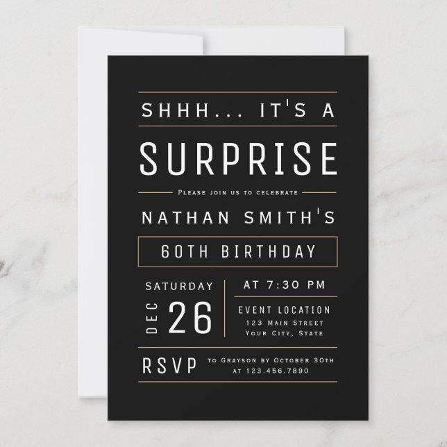 Invitación Cualquier Edad Moderna y Simple Typografía Sorpres (Anverso)