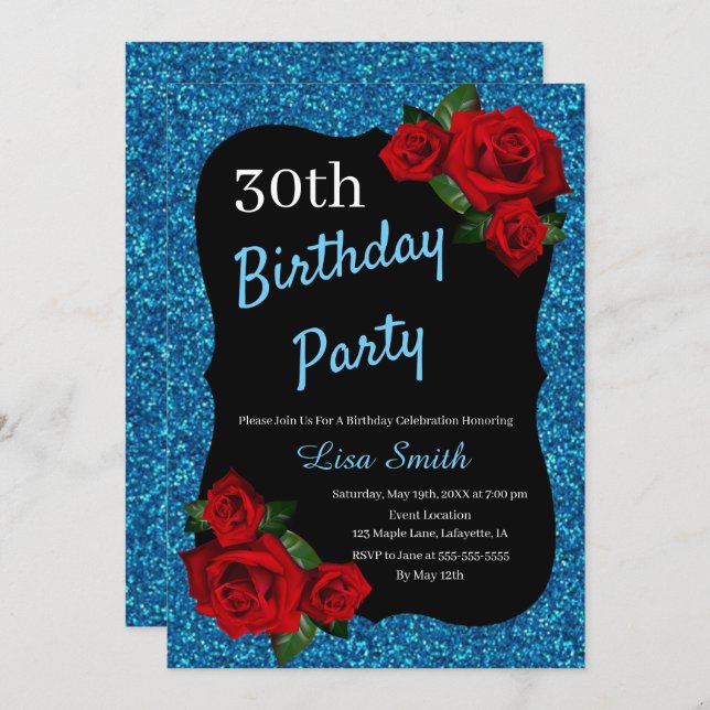 Invitación Cualquier edad Nacimiento Purpurina Azul Roses Roj (Anverso / Reverso)