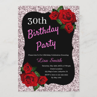 Invitación Cualquier edad Nacimiento Purpurina Rosa Rosas Roj