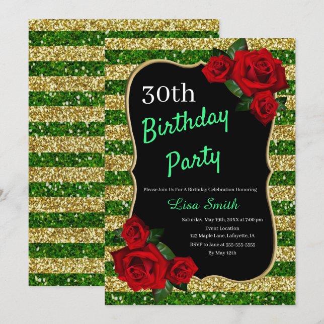 Invitación Cualquier Edad Nacimiento Rosas Rojas Verde Y Purp (Anverso / Reverso)