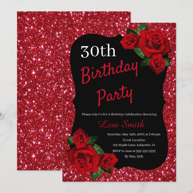 Invitación Cualquier edad Nacimiento Roses Rojos Purpurinas R (Anverso / Reverso)