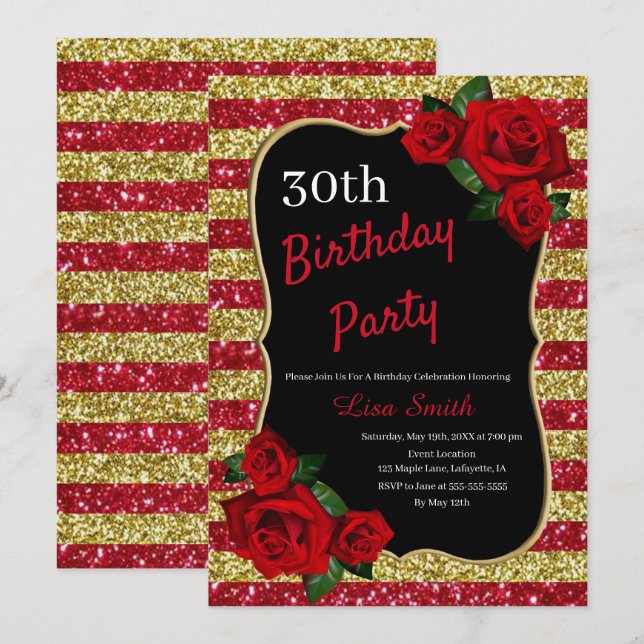 Invitación Cualquier Edad Nacimiento Roses Rojos Rojos Rojos  (Anverso / Reverso)