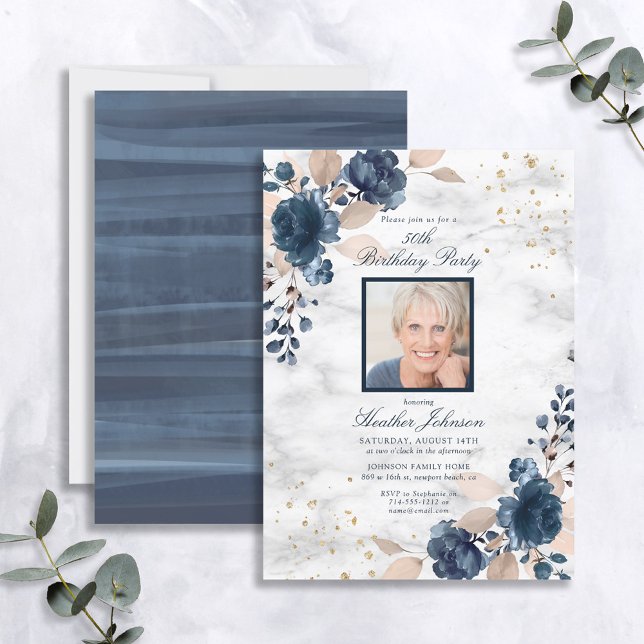 Invitación Cualquier Edad Oro Azul Floral Marble Foto Cumplea (Subido por el creador)