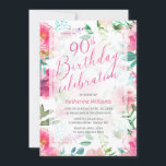Invitación Cualquier edad Pico Tropical Floral Rosa 90º cumpl<br><div class="desc">Esta invitación a la celebración de cumpleaños de cualquier edad, floral tropical, incluye toronjas acuáticas y rosas en tonos rosa y violeta con vegetación verde azulada y oliva. Una opaca superposición de blanco con un marco de corte es el fondo para los detalles de tu fiesta en tipografía de escritura...</div>
