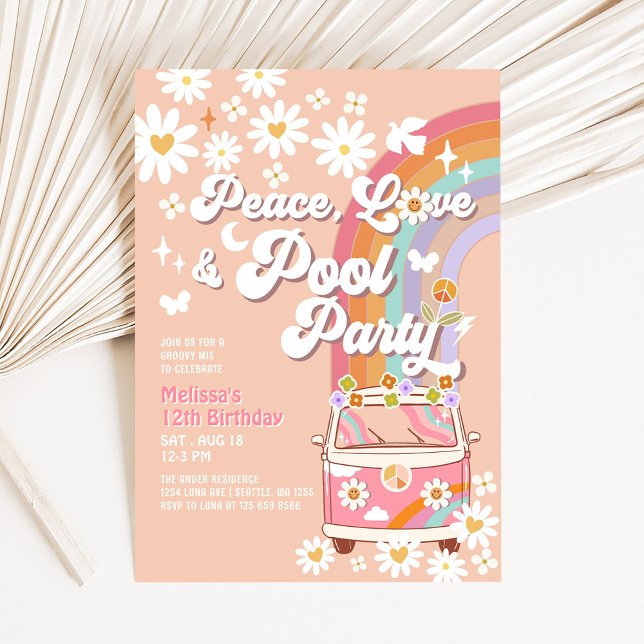 Invitación CUALQUIER EDAD Pink Peace Love Pool Fiesta Groovy  (Subido por el creador)