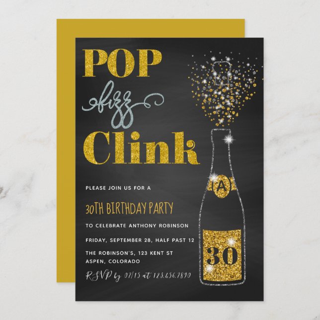 Invitación Cualquier edad Pop fizz clink purpurina pizarras C (Anverso / Reverso)