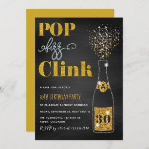 Invitación Cualquier edad Pop fizz clink purpurina pizarras C