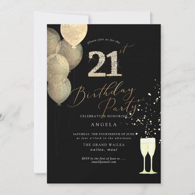 Invitación Cualquier edad, Purpurina de oro, diamantes de glo (Anverso)