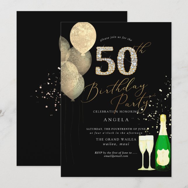 Invitación Cualquier edad, Purpurina de oro Globos Diamante (Anverso / Reverso)