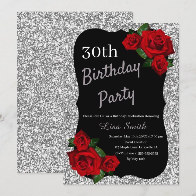 Invitación Cualquier edad Purpurina de plata de cumpleaños Ro (Anverso / Reverso)