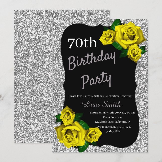 Invitación Cualquier edad Purpurina Plata de cumpleaños Rosas (Anverso / Reverso)