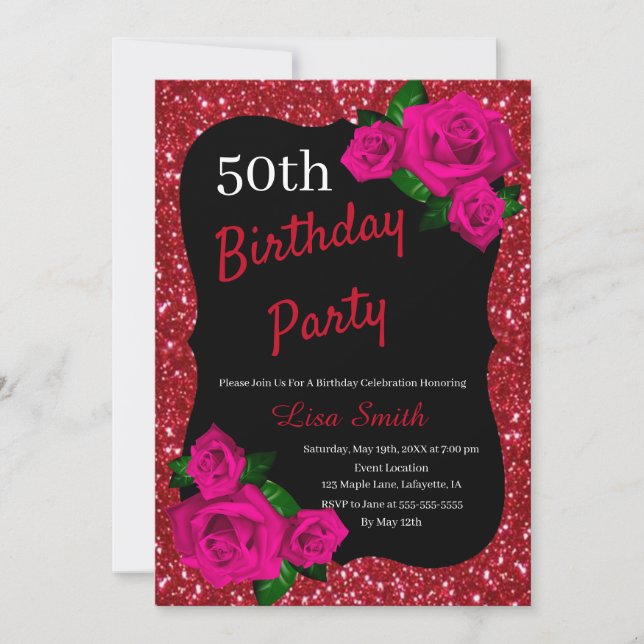 Invitación Cualquier edad Purpurina rojo de cumpleaños rosas  (Anverso)