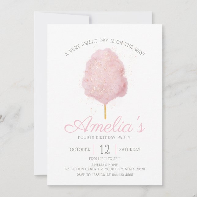 Invitación Cualquier edad Purpurina rosado Cotton Candy Cumpl (Anverso)